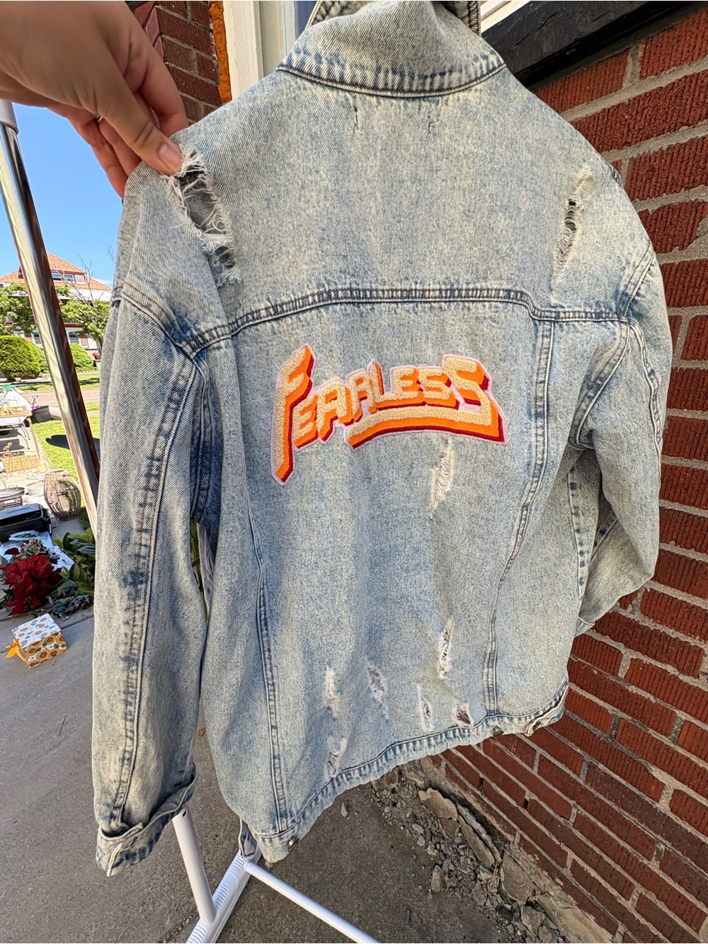 Light Wash Denim Jacket with "Fearless" Embroidered
